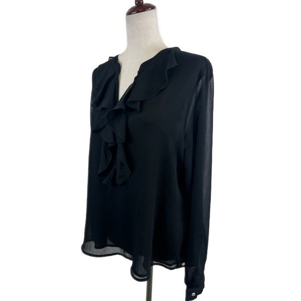 Tommy Hilfiger Blouse Top Women's Size Large Black Chiffon Ruffle V-Neck Holiday